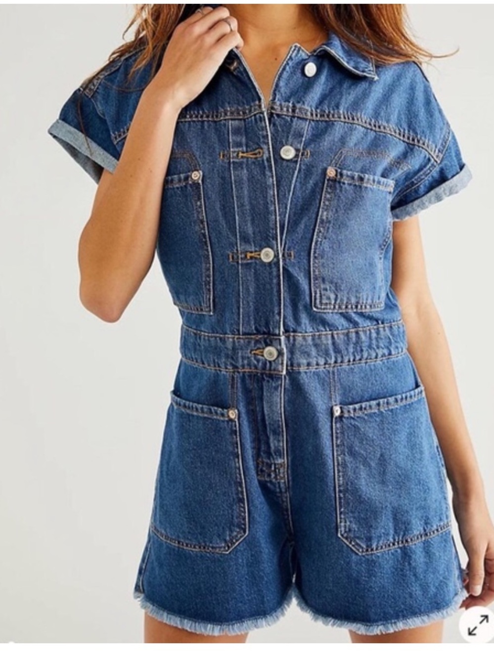 We The Free Blue Denim Work Hard Play Harder Shortalls Romper Size S